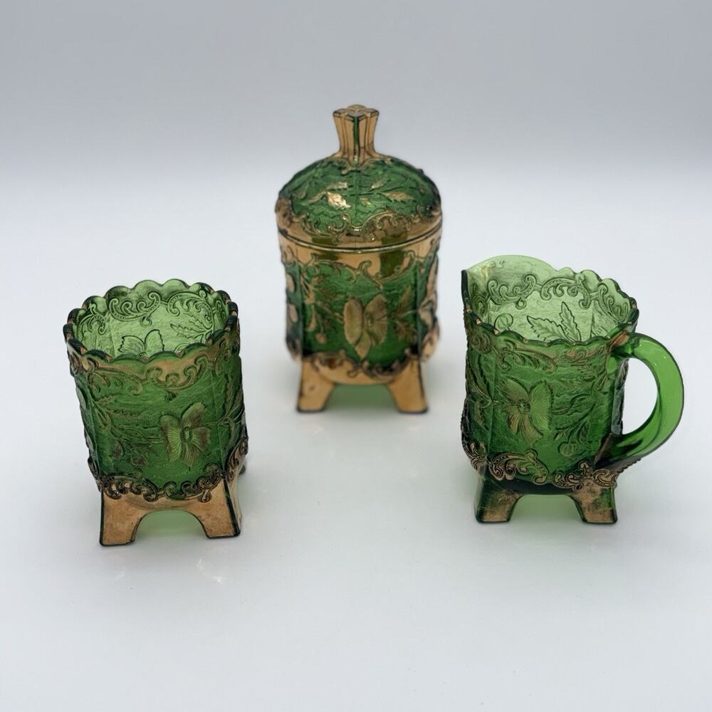 Antique EAPG Floradora Green Gold Sugar Creamer Spooner Table Set US Glass Co